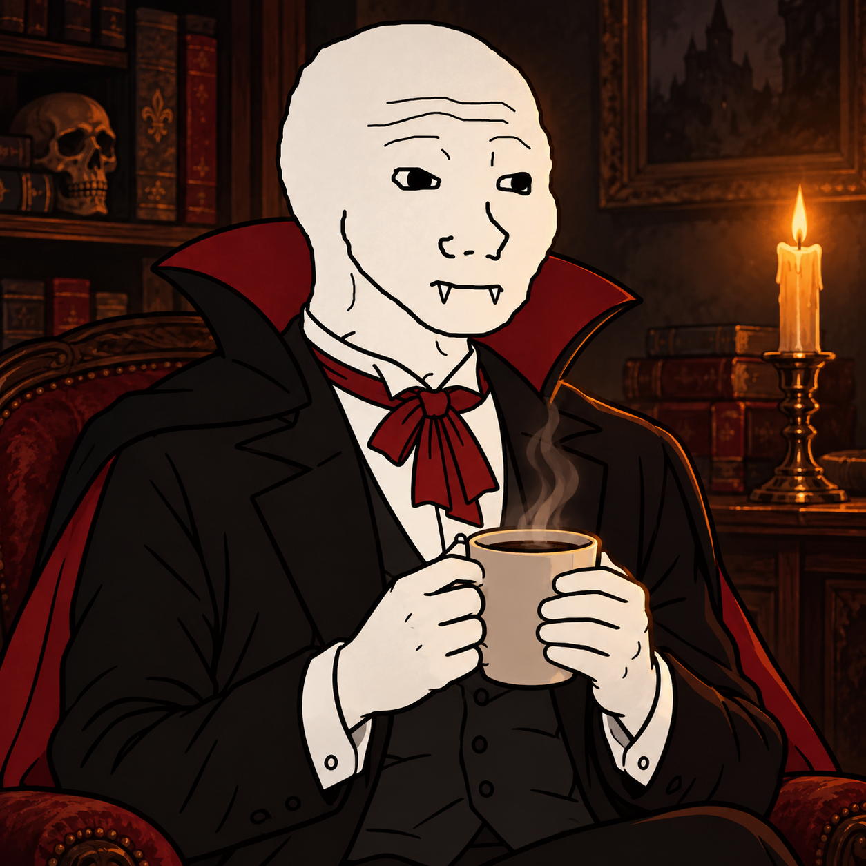 Wojo Drakula with a warm mug in candlelight